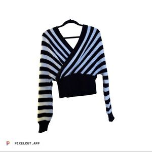 Modern And Flattering Black & White Striped Faux Wrap Sweater